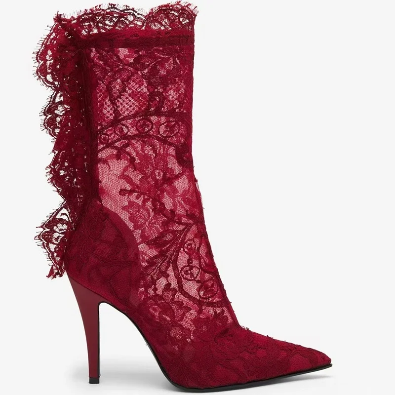 

Lace Trim Embroidery Patchwork Mid Calf Boots Sexy Pointed Toe Thin Heel Solid Fashion New Arrivals Modern Boots