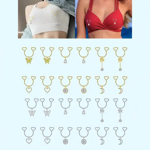 2Pcs Heart Fake Nipple Ring With Dangle Stainless Steel Non-Piercing Nipple Rings Clip On Nipplerings Faux Body Piercing Jewelry