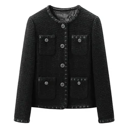 Su Li nuevo otoño e invierno negro cuello redondo Tweed manga larga solo pecho señoras elegante Casual moda señora chaqueta