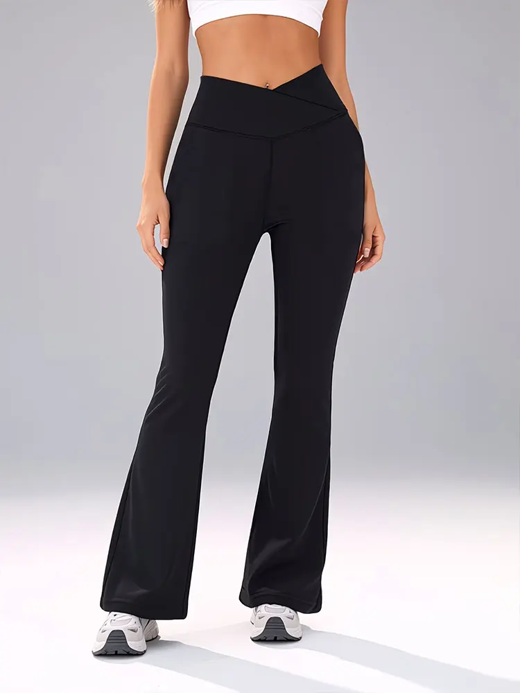 Stretchy Flared Pants Tummy Control Cross Waist Yoga Trouser High Waist Wide Leg Sweatpants Basic Style Suitable For Sports Wear