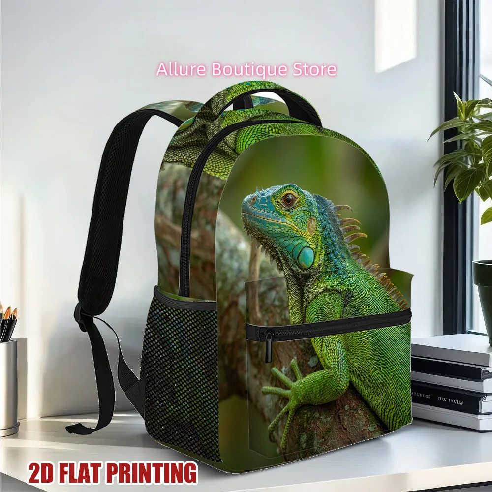 1pc Lightweight Backpack with Realistic Iguana lizard - Green Reptile Print School Bag, Zipper Closure for College, Travel, Ever