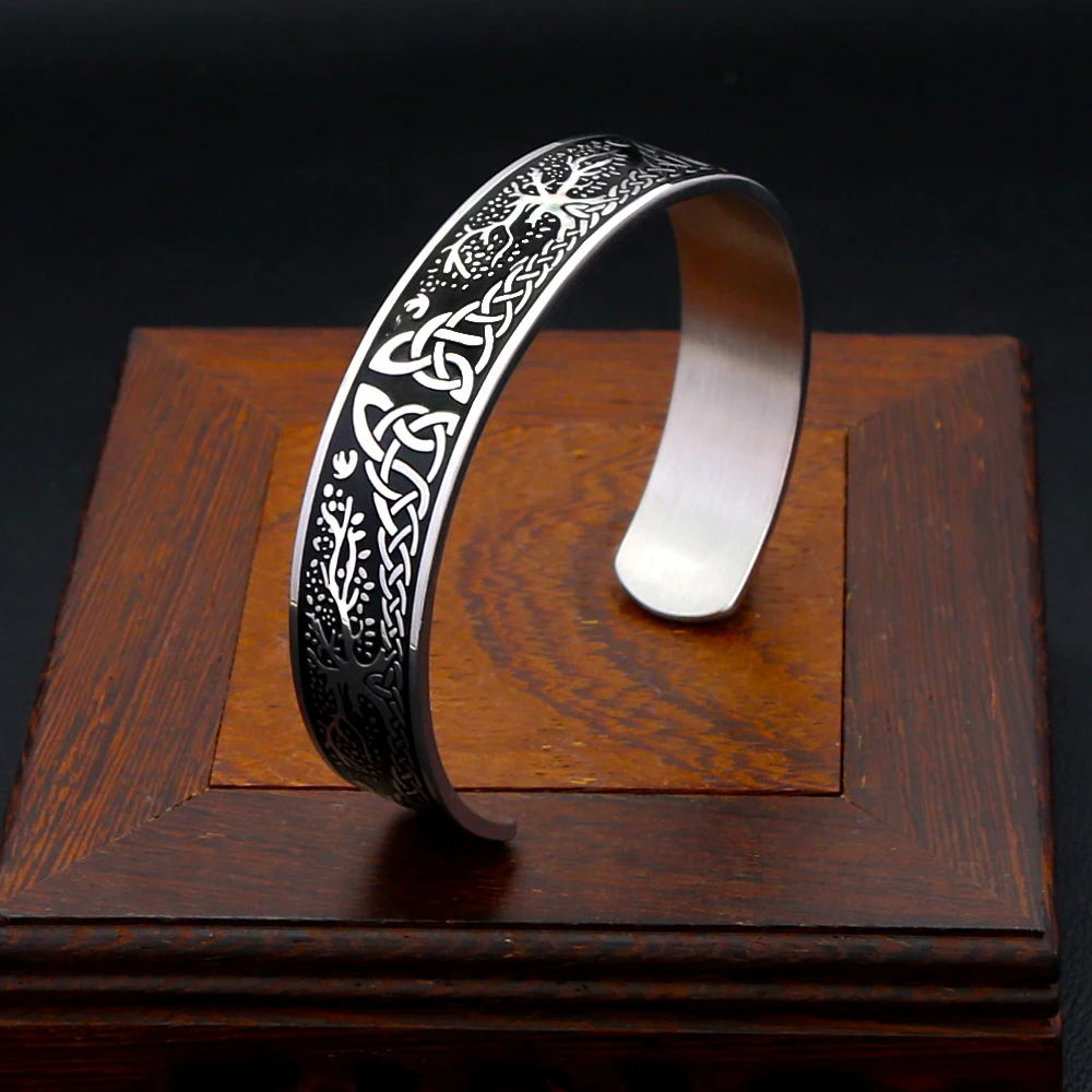 Vintage Tree Of Life Celtic Knot Stainless Steel Open Cuff Bangle Nordic Viking Amulet For Men Women Fashion Jewelry Accessories