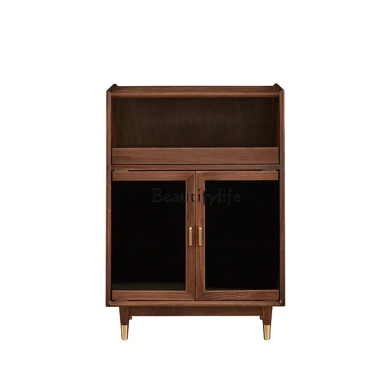 

Black walnut solid wood wine cabinet living room display glass storage side cabinet