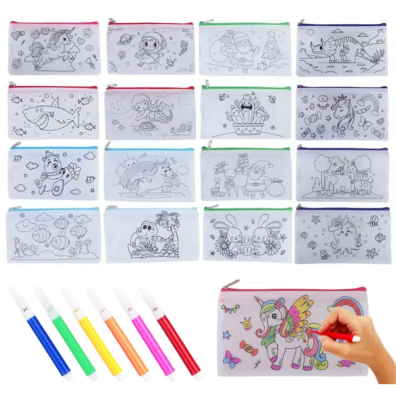 Pen Bag Stationery Storage Supplies Suitable for Children Graffiti Cartoon Pattern Storage Bag Colored Zipper Bags Portable TMZ