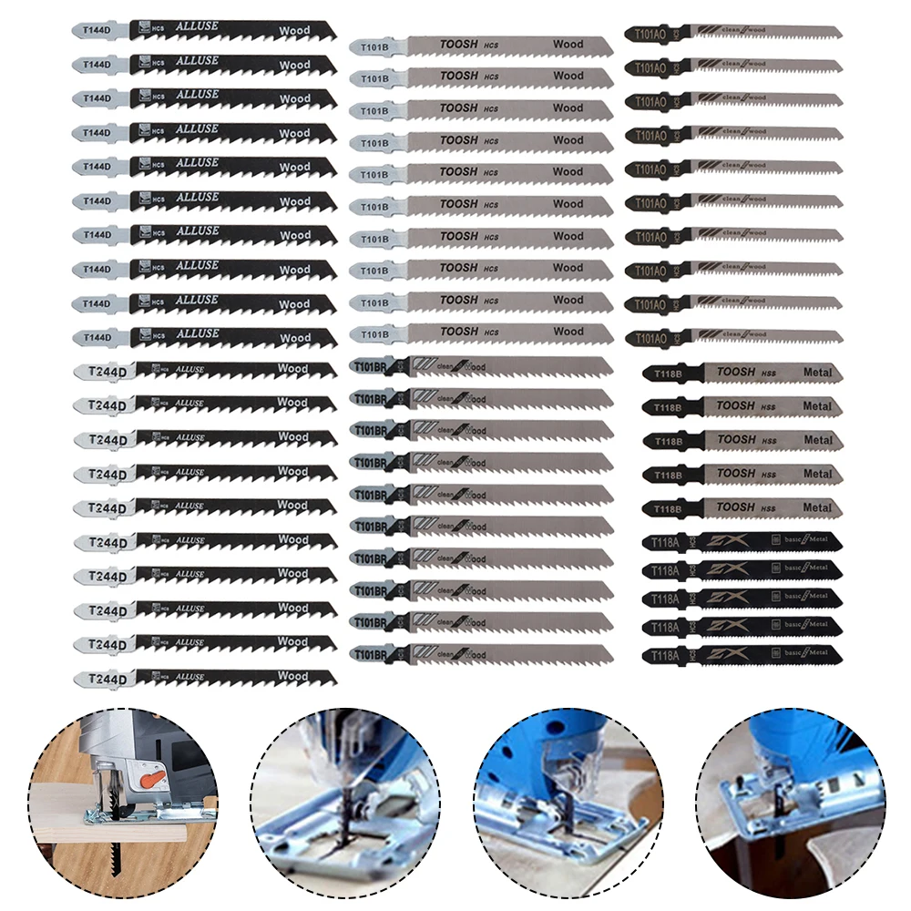 60Pcs Universal Jig Saw Blade Set HCS Assorted Blades Fast Cut Down Jig Saw Knife Jig Saw Cutter Accessories for Wood Plastic