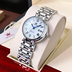 OLEVS Luxury Quartz Woman Watch Stainless Steel Strap Women's Wrist Watch Roman Dial Waterproof Replica Watch for Women Gift Set