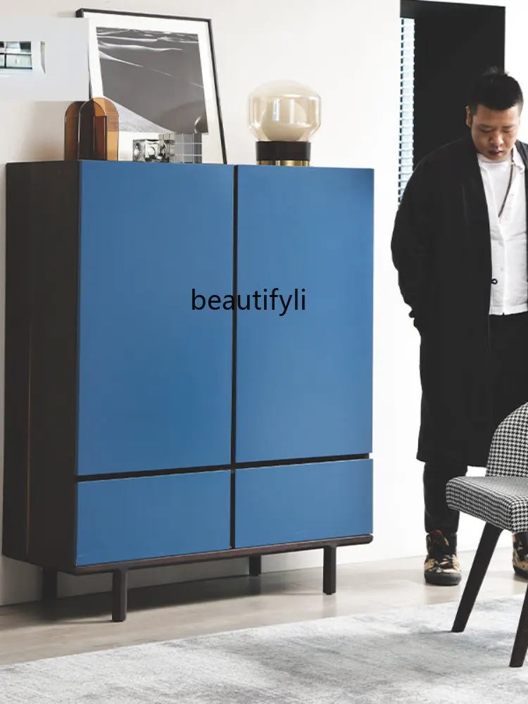 yj Italian Modern Minimalistic Style Storage Sideboard Smoky Color with Blue High Leg Curio Cabinet