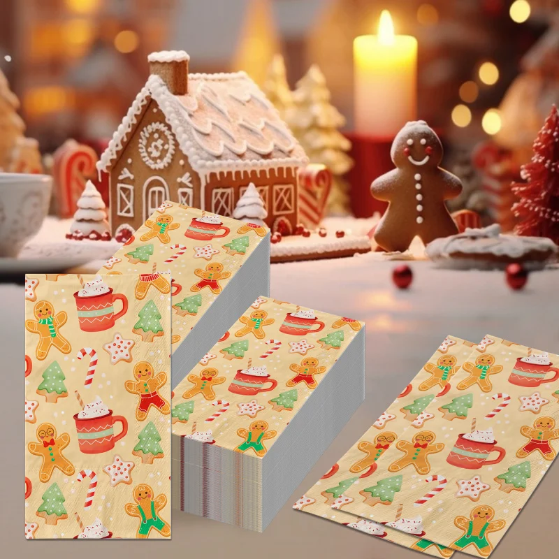 20pcs Christmas Guest Napkins Gingerbread Man Tree Disposable Paper Dinner Stars Napkin Bathroom Hand Towels Xmas Party Supplies