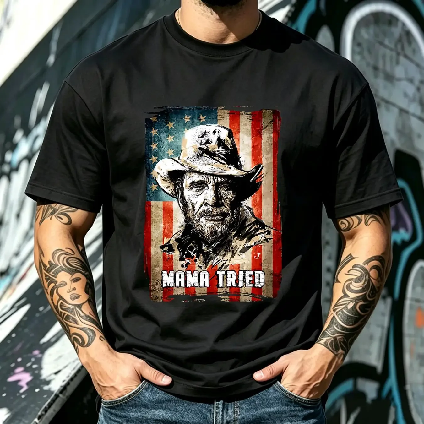 washed T Shirt Vintage Merle Haggard Mama Tried Cotton Black Full Size  vintage Washed Stylish Slightly Comfortable Casual
