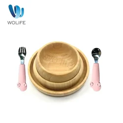 Natural Bamboo Tray for Children, Cute Shaped Bamboo Tray, Children's Feeding Tray, Feeding Wooden Bowl and Spoon Set