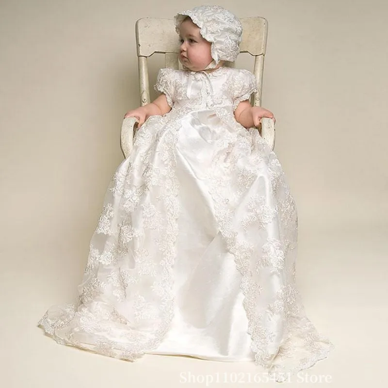 

Wedding Christening Infant Clothing Baby Girl Dress with Hat Baptism 1st Year Birthday Party White Princess Wedding Formal Gowns