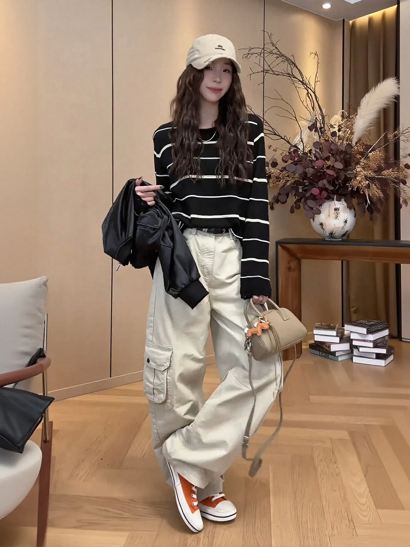 Spring Season plus Size Women's Striped Long Sleeve Top And Wide Leg Pants Set Casual Fashion Ensemble High Waist Trousers