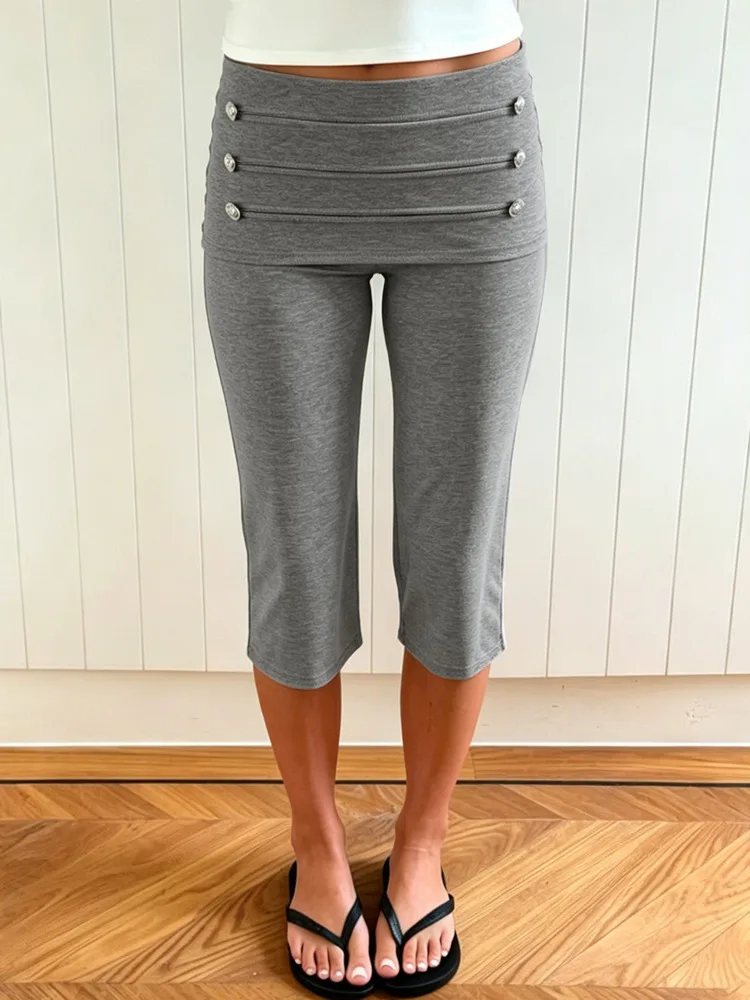 Absobe Buttoned Cuffed Straight Cropped Pants Solid Color Low Waist Slim Women Fashion Bottoms Casual Streetwear Summer Outfit
