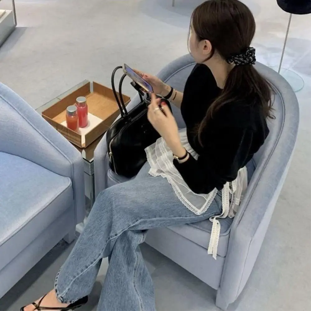 

Новая мини-юбка с вышивкой и кружевом в стиле Y2K, уличная мода Харадзюку, с рюшами и шнуровкой, прозрачная плиссированная юбка с джинсовым декором