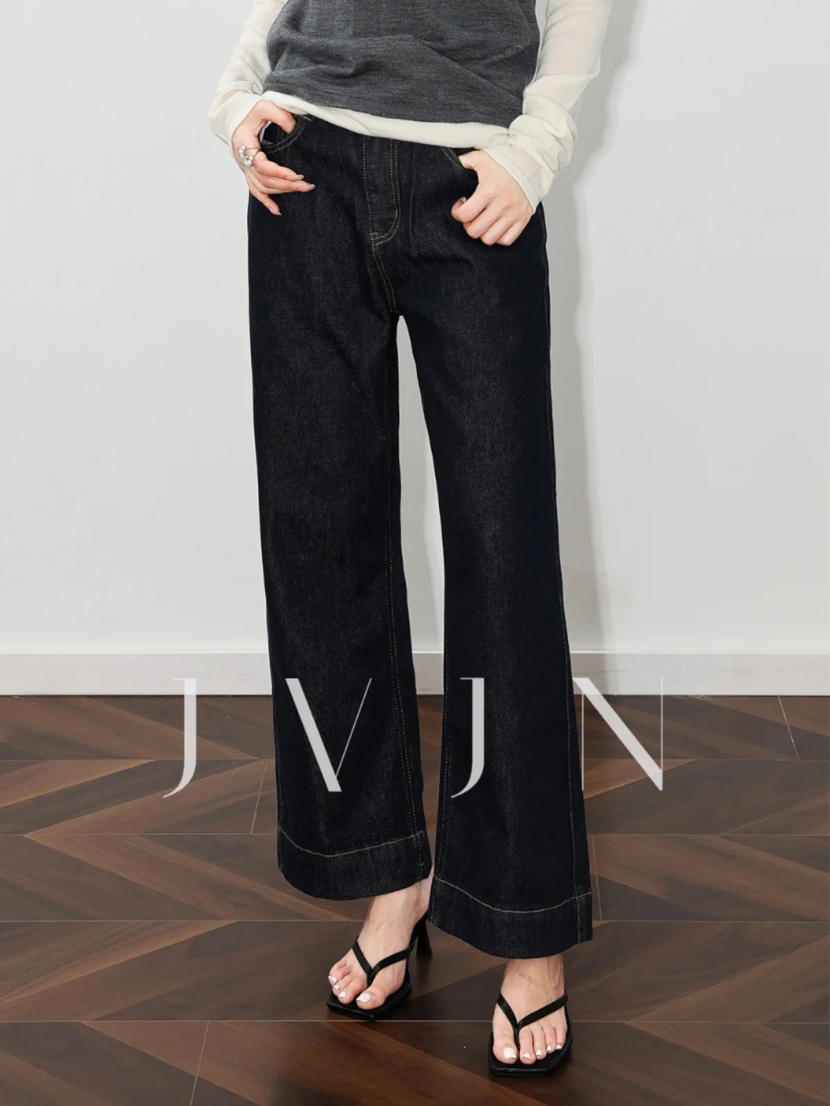 

Джинсы с высокой талией и широкими штанинами JVJN, женские свободные прямые брюки с эффектом похудения, винтажный синий цвет, новый дизайн