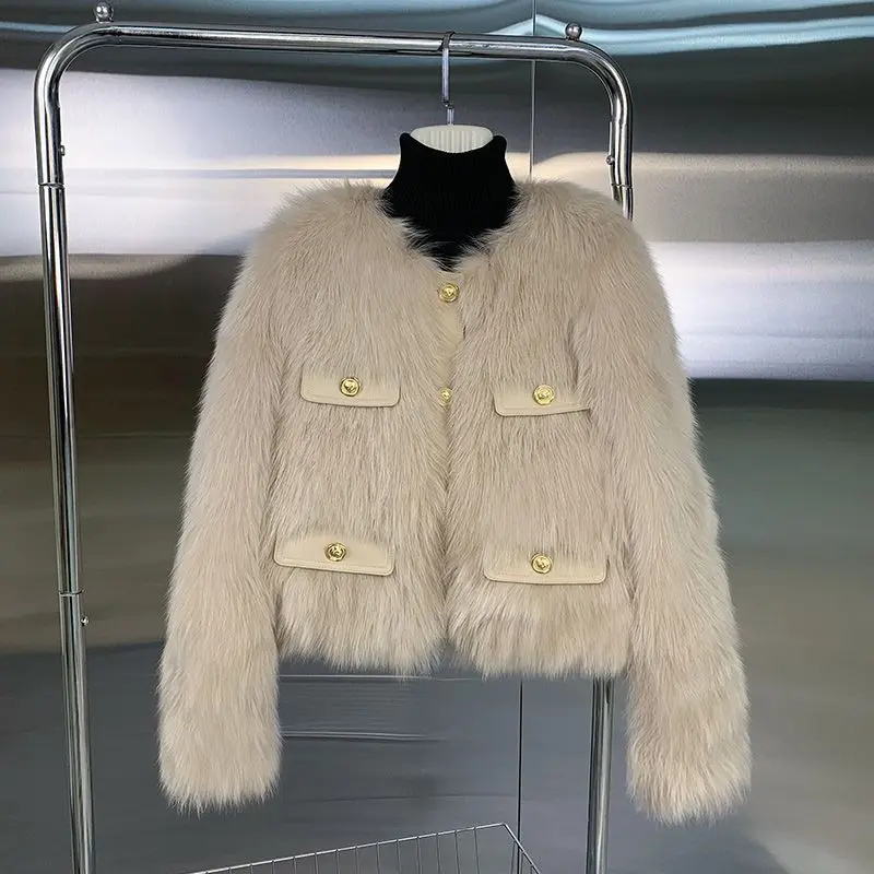 Women Coat 2026 Autumn/Winter New Imitation Fox Fur Coats Fashion Spliced Design Single Breasted Round Neck Thicken Outwear