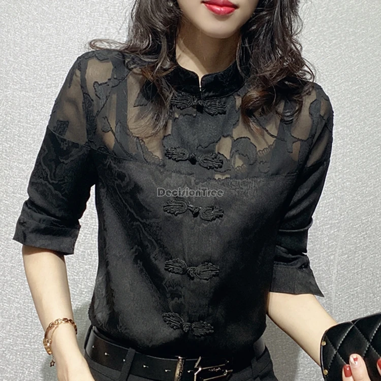 2026 new chinese retro elegant style women's stand collar half sleeve patchwork design yarn tang suit blouse loose cheongsam top