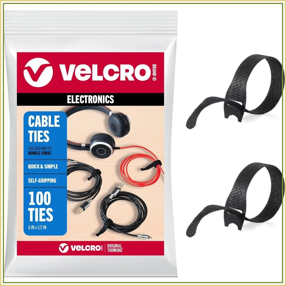 Reusable Cable Ties 6in, 100 Pack - Cord Management Straps for Electronics, Desks, Home Offices, Workstations, Gaming Setups, Adjustable
