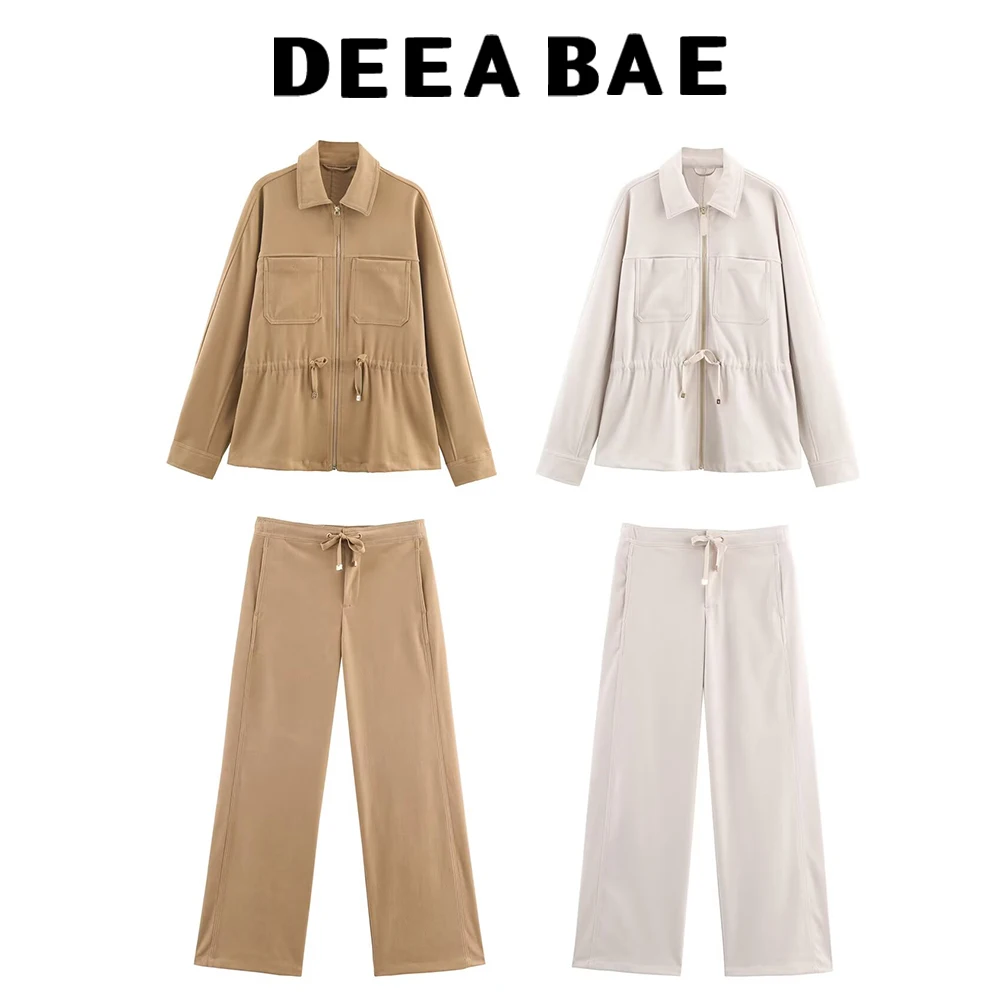 Deeabae 2025 outono novo produto feminino usar gola flip ajustável cintura bolso decoração casaco perna larga calças casuais conjunto