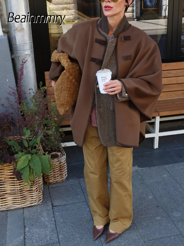 

Solid Short Shawl Sleeve Wool Coat Women Elegant Stand Collar Double-breasted Loose Fashion Coats Lady Autumn Daily Outwears