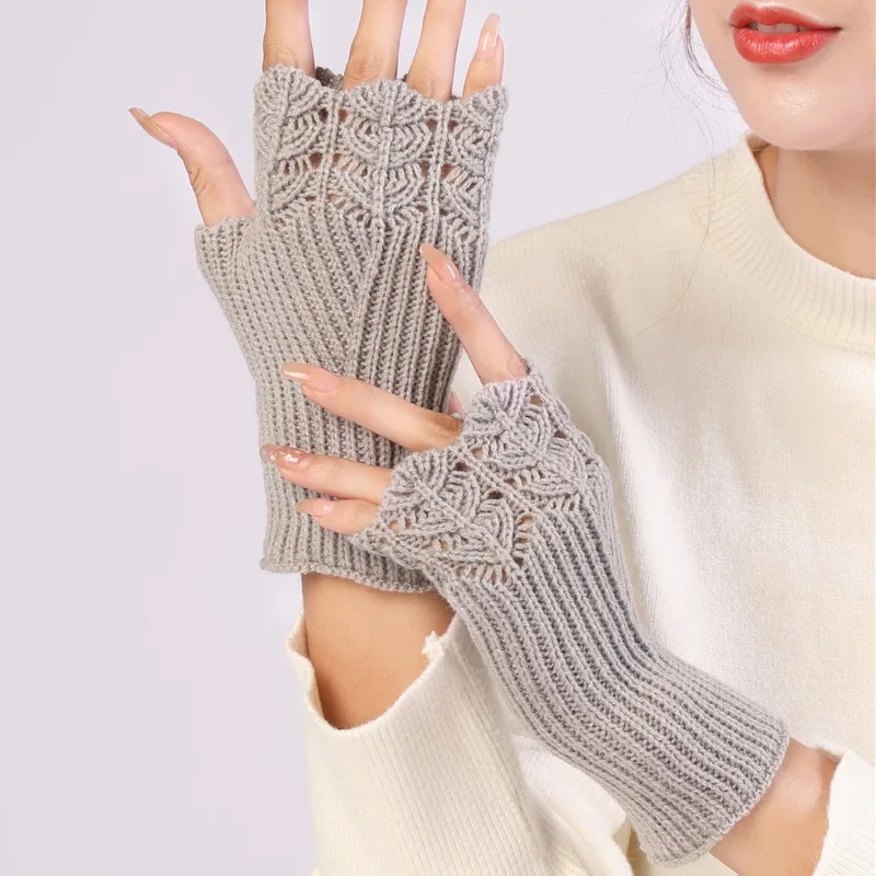 2026 New Hollow Knit Women Fingerless Gloves Solid Color Knitted Wrist Cuffs Wrist Warmers Autumn Winter Decorative Knit Gloves