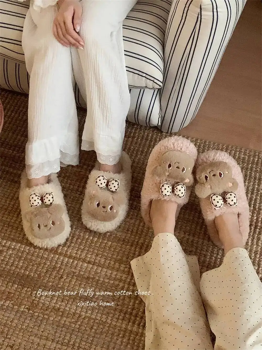Hausschuhe für Damen, 2025, Herbst und Winter, niedlicher Bär, pelzige Hausschuhe, koreanische Schleife, warm, rutschfest, für drinnen und draußen, Viralschuhe