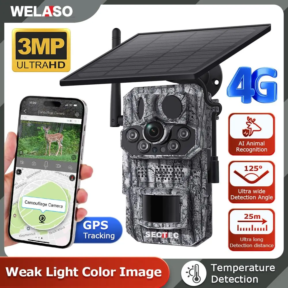 Solar Battery Hunting Trail Camera,Built-in GPS,Temperature Detection,PIR Motion,AI Animal Recognition,HD Night Vision,2-Way Tal