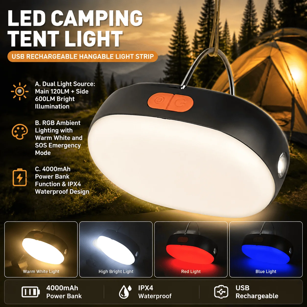 LED Camping Light Rechargeable Tent Lamp RGB Lantern With Power Bank Emergency SOS Signal Waterproof Portable USB Outdoor Light