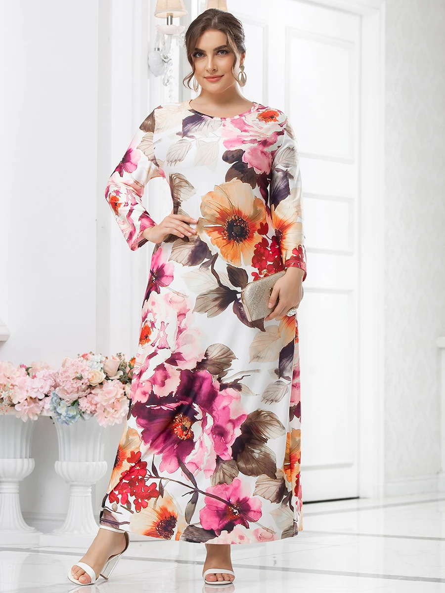 5XL Plus Size White Dress Woman Spring Autumn Long Sleeve Floral Print Casual Dress Curvy Size Maxi Long Dresses