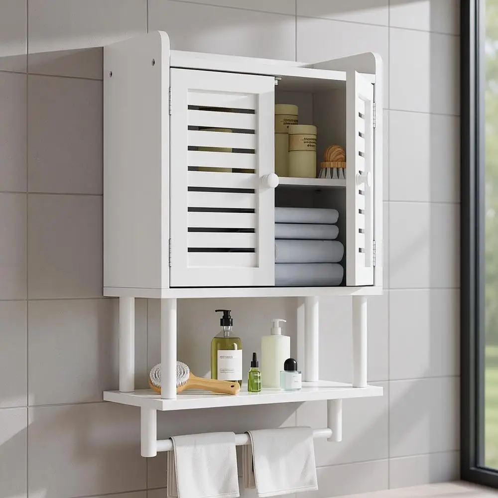 

Over-the-Toilet Bamboo Storage Cabinet with Towel Bar and Adjustable Shelves for Small Spaces, 8.3x16.5x26.6 Inches