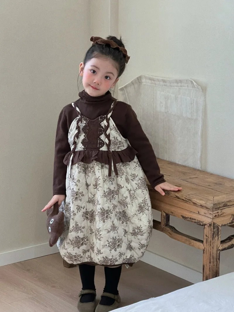 Dresses Girls Dress Winter New Korean StyleTemperament with Thick Fleece Floral Lace Cotton Strap Skirt Two Piece Set 2025