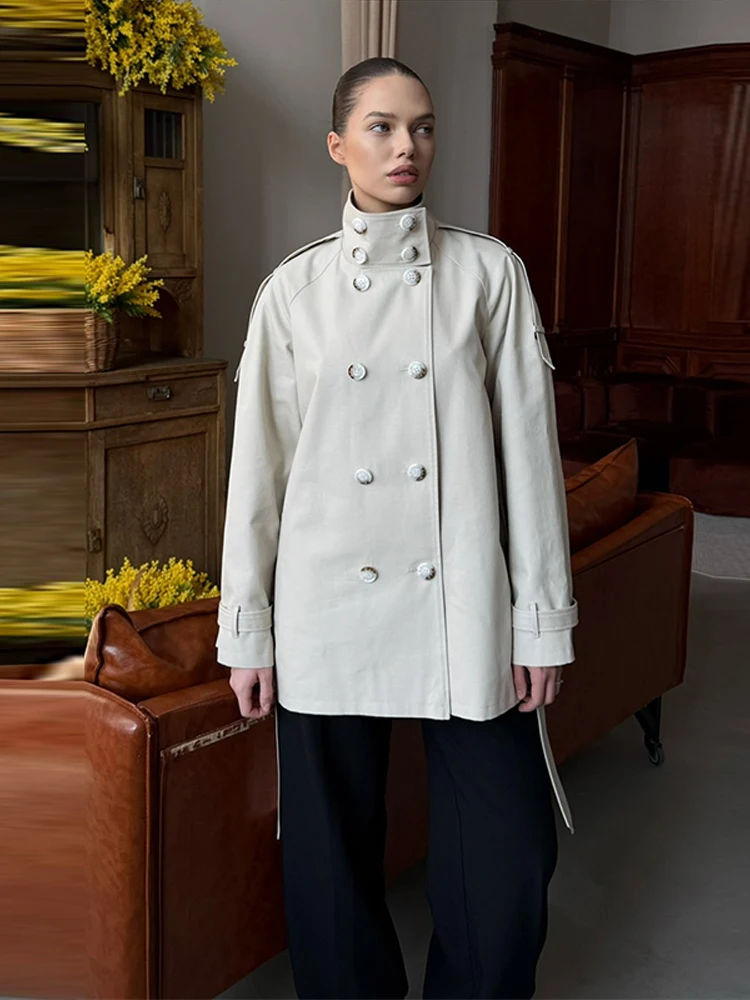 Stehkragen Doppelreihiger Kurzer Trenchcoat mit Gürtel für Damen, Street-Style mit Epauletten, Langarm, Einfarbig, Locker Geschnittene Jacke, Neue Damen-Oberbekleidung – Detail 5