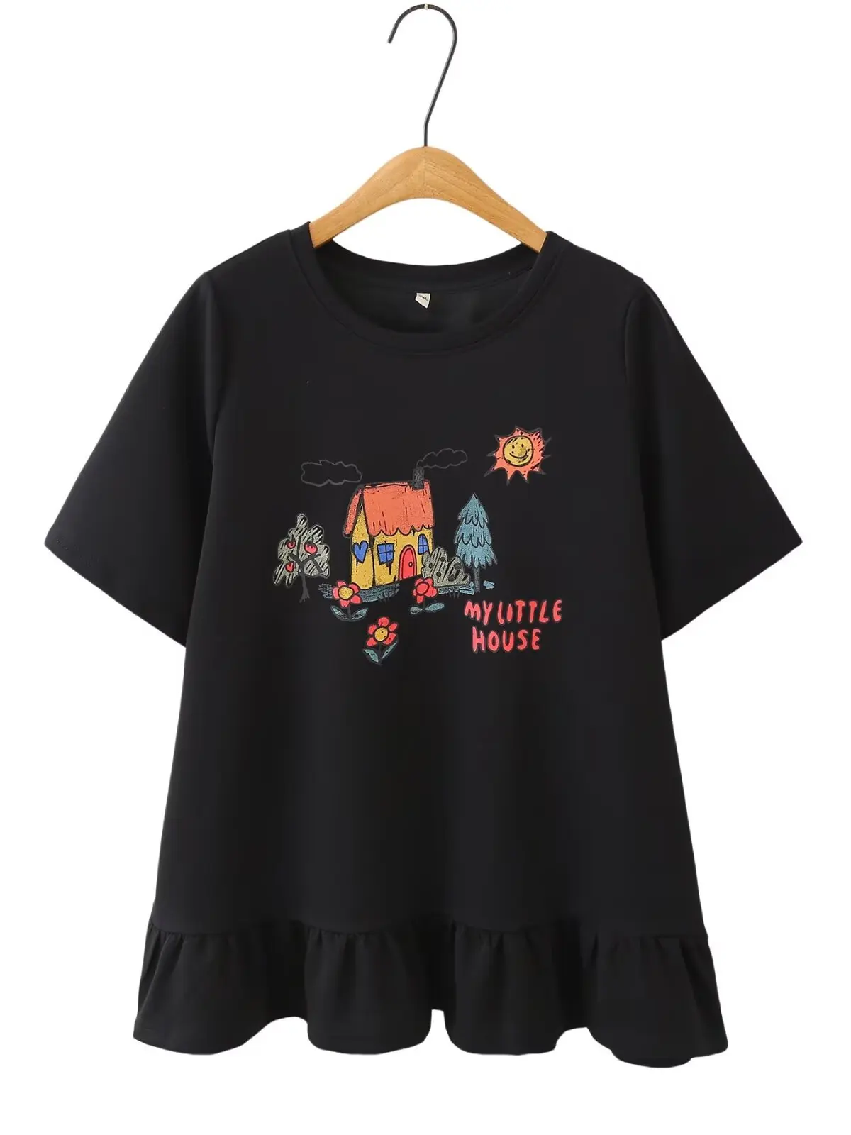 plus Size Women's Summer Korean Style Hand-Drawn Cartoon Print Short Sleeve T-Shirt with Wood Grain  Belly Covering Trend...