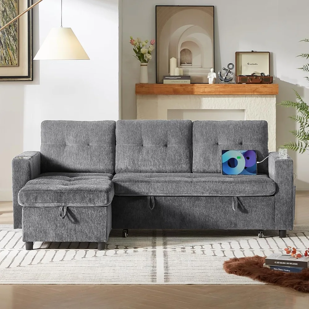 أريكة ONBRILL النائمة، أريكة سرير مقطعية على شكل حرف L مع كرسي تخزين، مجموعة خالية من الأدوات، أريكة قابلة للعكس 3 في 1 قابلة للسحب، أريكة