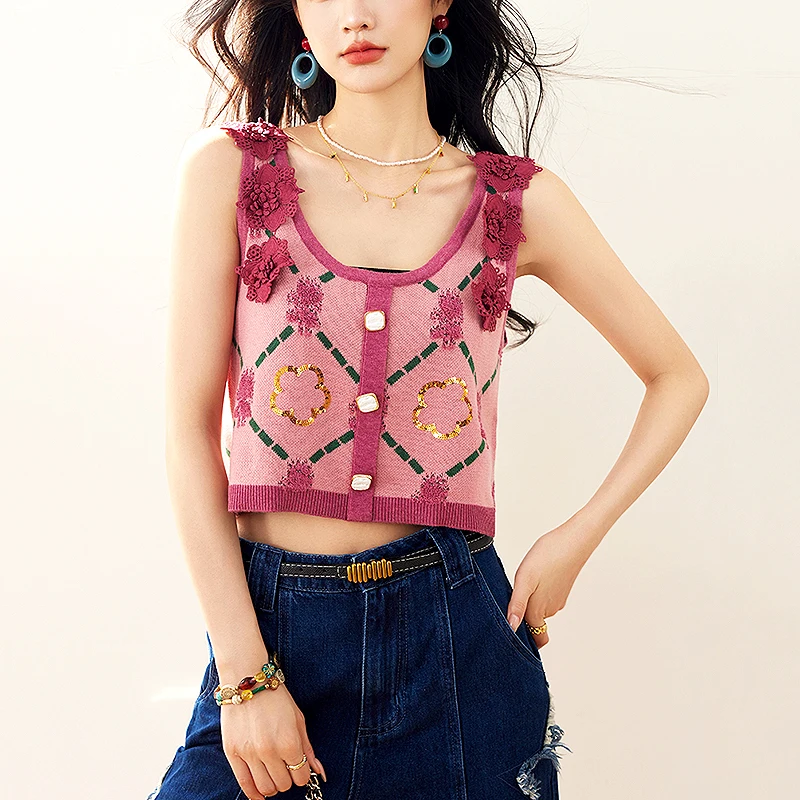 

2025 Spring Summer Applique Sequins Knitted Women's Vest Outerwears Short Knit Vest Crop Top Cute Woman Clothing Tops SL315