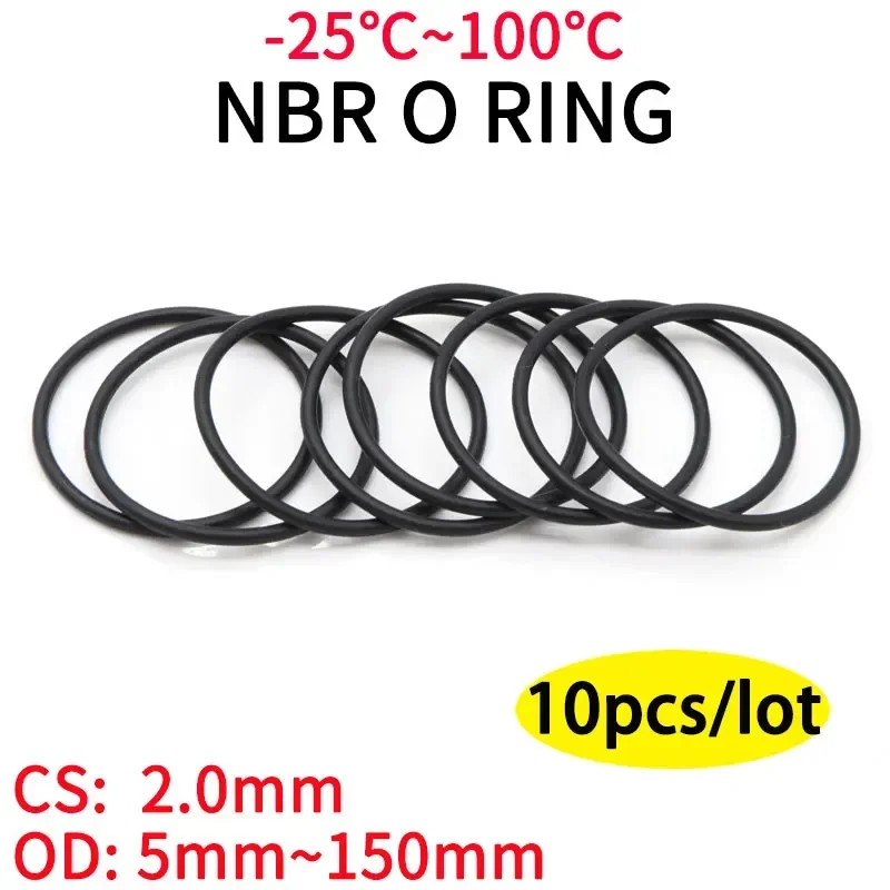 

10pcs NBR O Ring Seal Gasket Thickness CS 2mm OD 5~150mm Nitrile Butadiene Rubber Spacer Oil Resistance Washer Round Shape Black