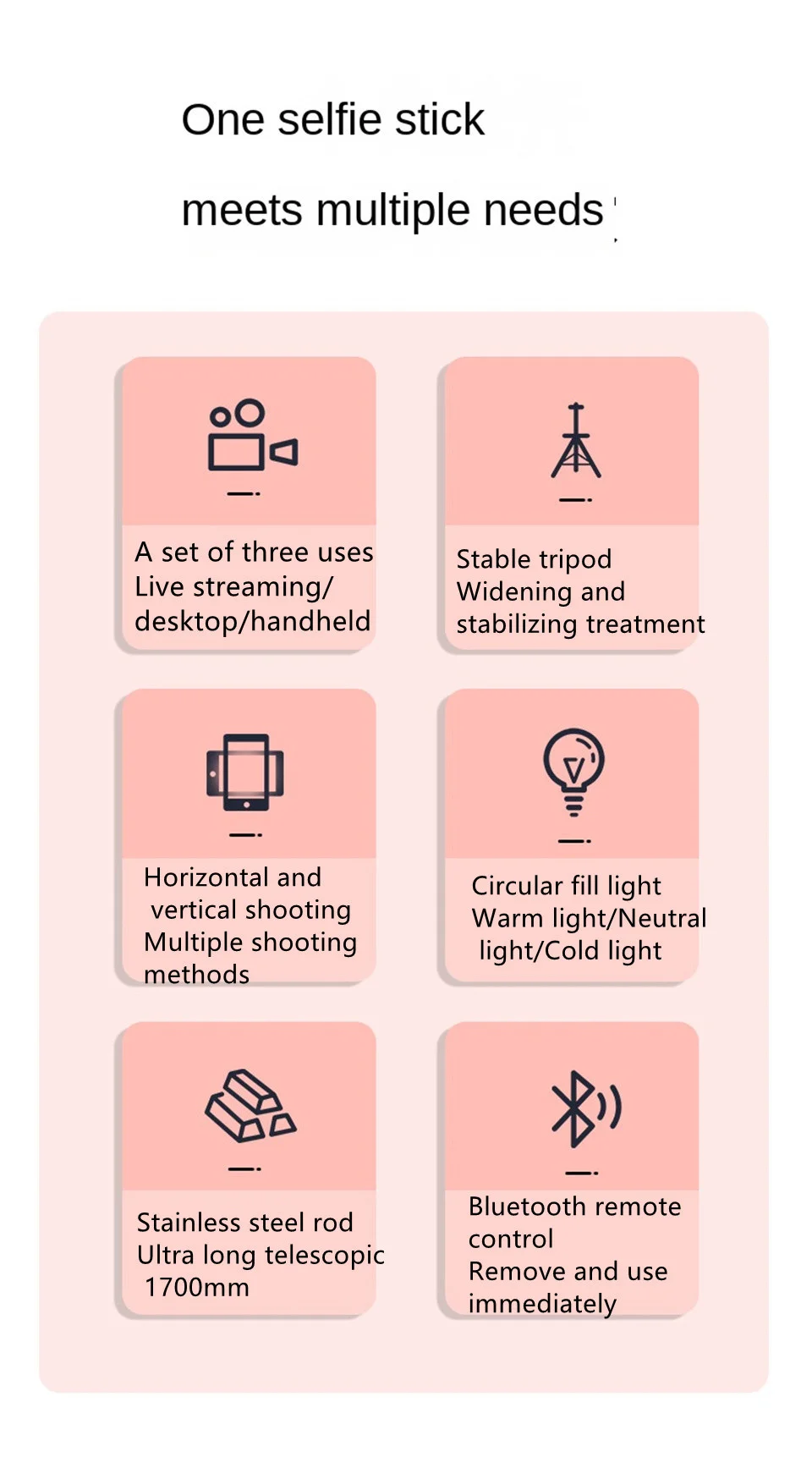 Roreta 360° Rotation 1.7M Selfie Stick Wireless Stand with Light Bluetooth Remote Extendable Tripod for iPhone Live Streaming