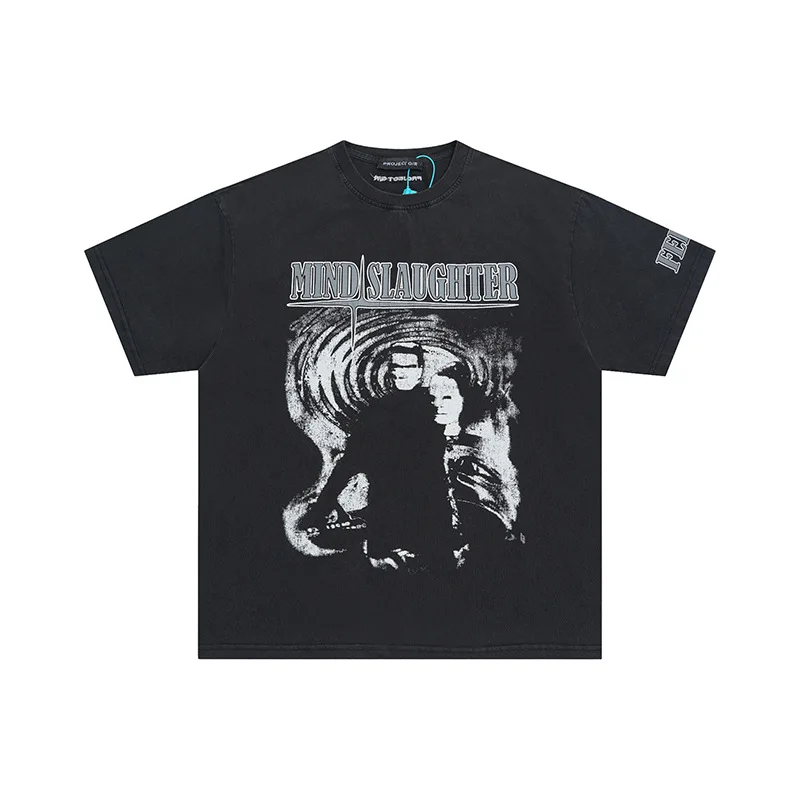 GRAILZ Vintage Washed Letter Character Soul Portrait High-Street American-Style Versatile Hip-Hop Short-Sleeve T-Shirt