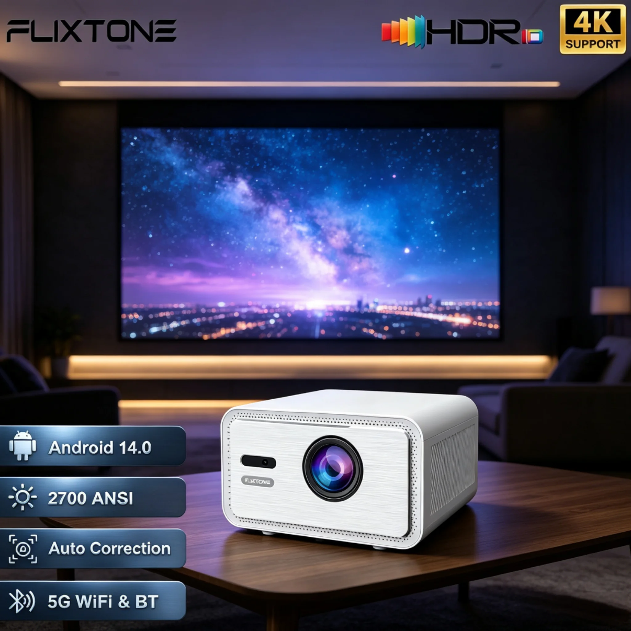 Flixtone D9W Mini Pro Projector 2700 ANSI Lumens Android14 Projector 4K Decode  Home Theater Smart TV Video 32GB Memory with HDR