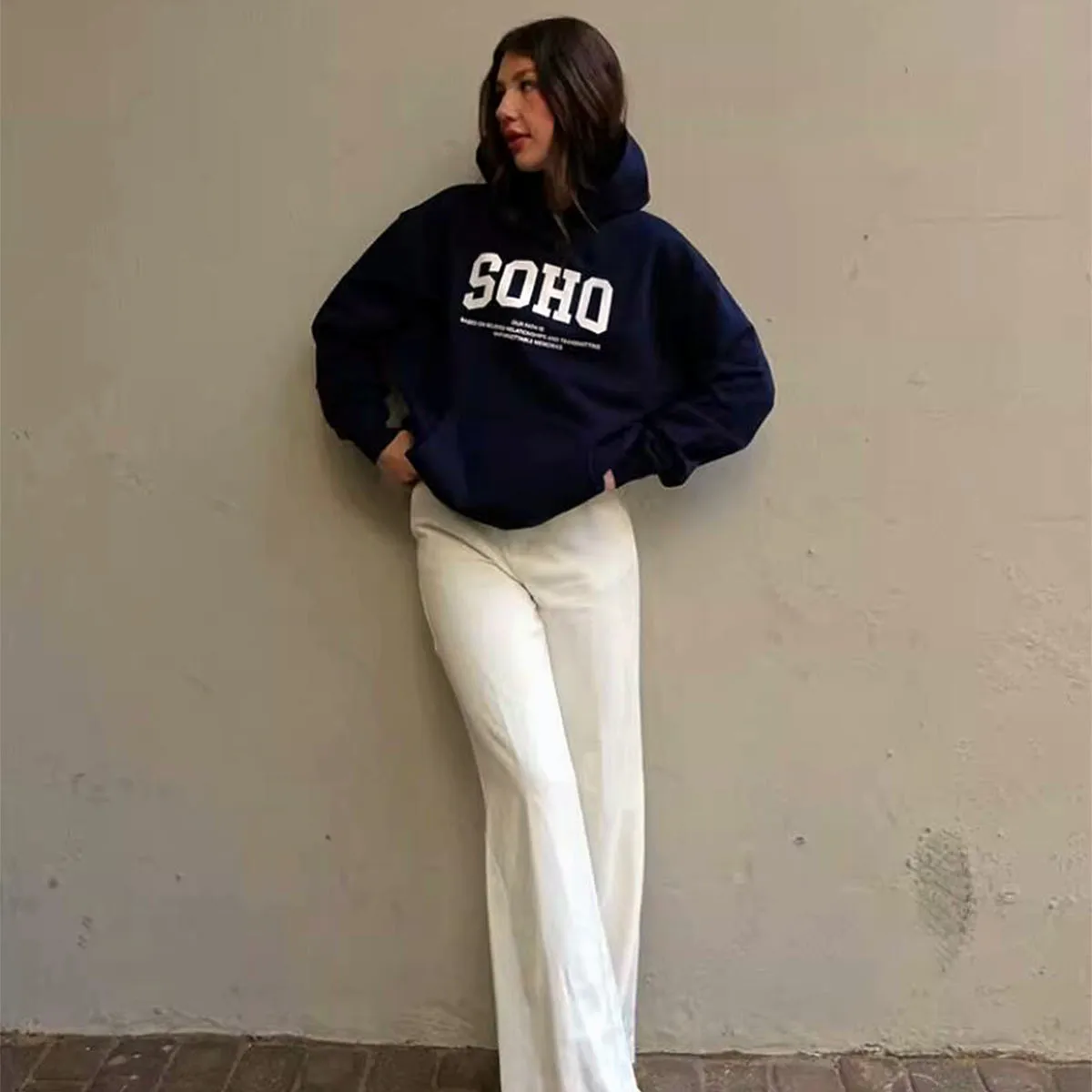 American Vintage Style Letters Printing Oversized Hooded Sweatshirts Long Sleeve Loose Thick Terry Cotton 90s Kpop Women Hoodies