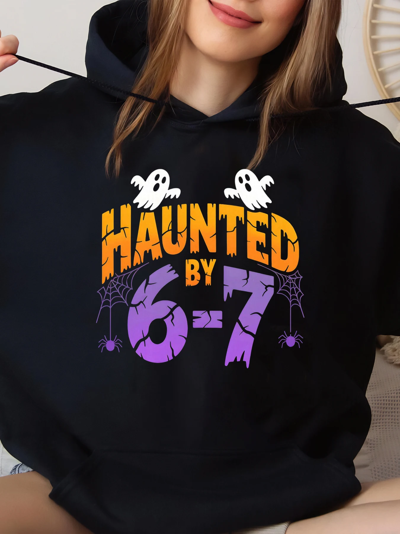 

Haunted by 6-7 Ghosts Spider Web Print Halloween Hoodie Women Casual Party Wear Black Large Size Big Size 大码