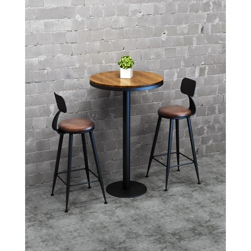 Retro bar chair backrest solid wood round table bar high stool coffee restaurant milk tea shop casual dining table and chairs