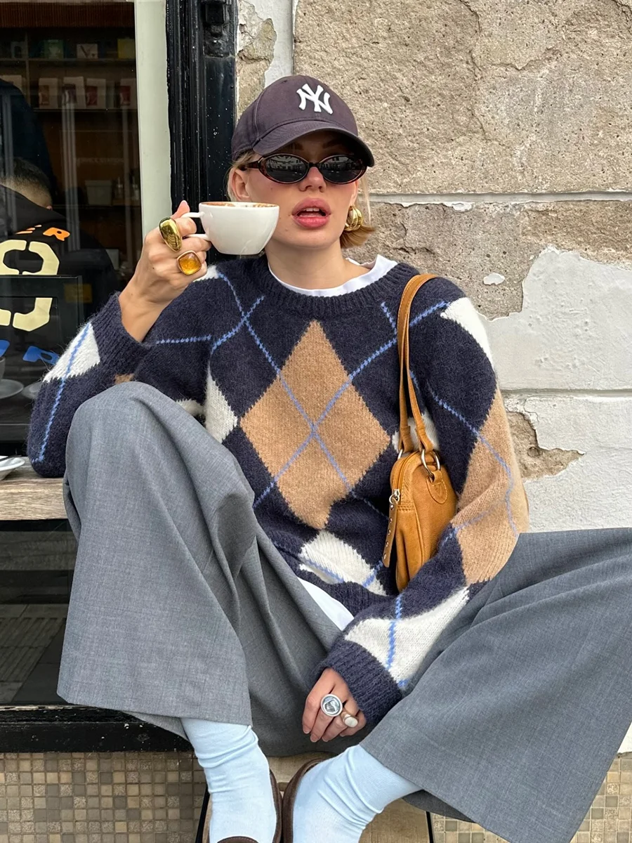 

Argyle Navy Sweaters Woman Autumn Round Neck Long Sleeve Short Pullover Top Female Vintage Streetwear Preppy Style Jumpers New