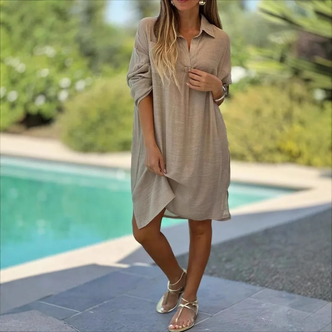2023 Nieuwe casual lente zomer losse strand korte mouw effen kleur katoen linnen overhemdjurk