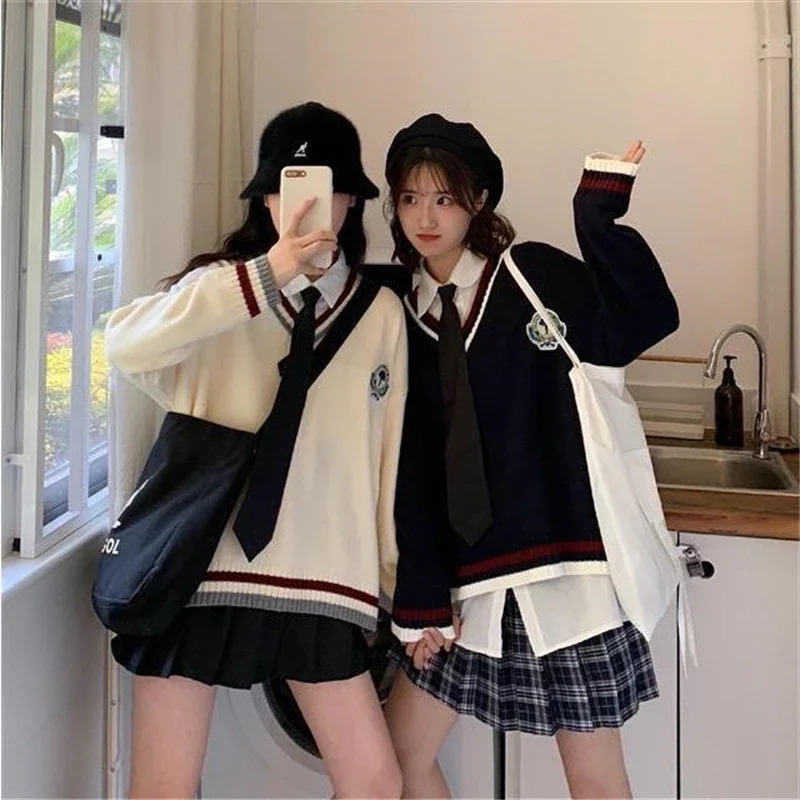 New 2025 Japanese Preppy Pullover JK Sweater Loose Casual Long Sleeves Student Long-sleeved Knit V-neck Pullover School Uniform