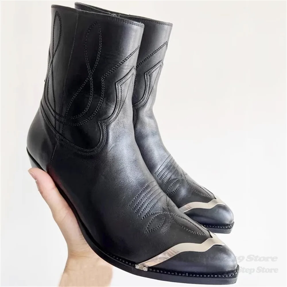 قبعة معدنية لأصبع القدم الرجال الأحذية الغربية 2025 شتاء جديد أشار تو عالية الكعب جلد أسود Zide سستة مصمم العلامة التجارية حذاء بوت بطول الكاحل #3