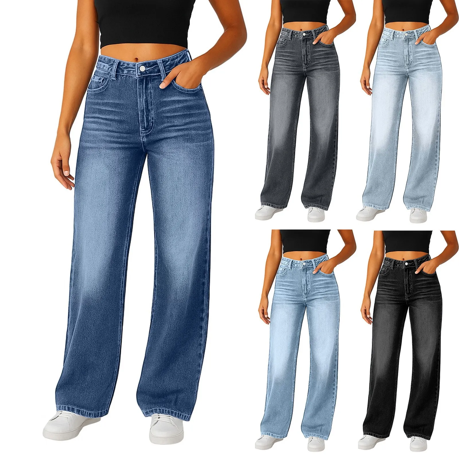 Women Low Rise Jeans Fashion Loose Straight Leg Boyfriend Jeans with Pockets Classic Solid Denim Pants Harajuku Streetwear