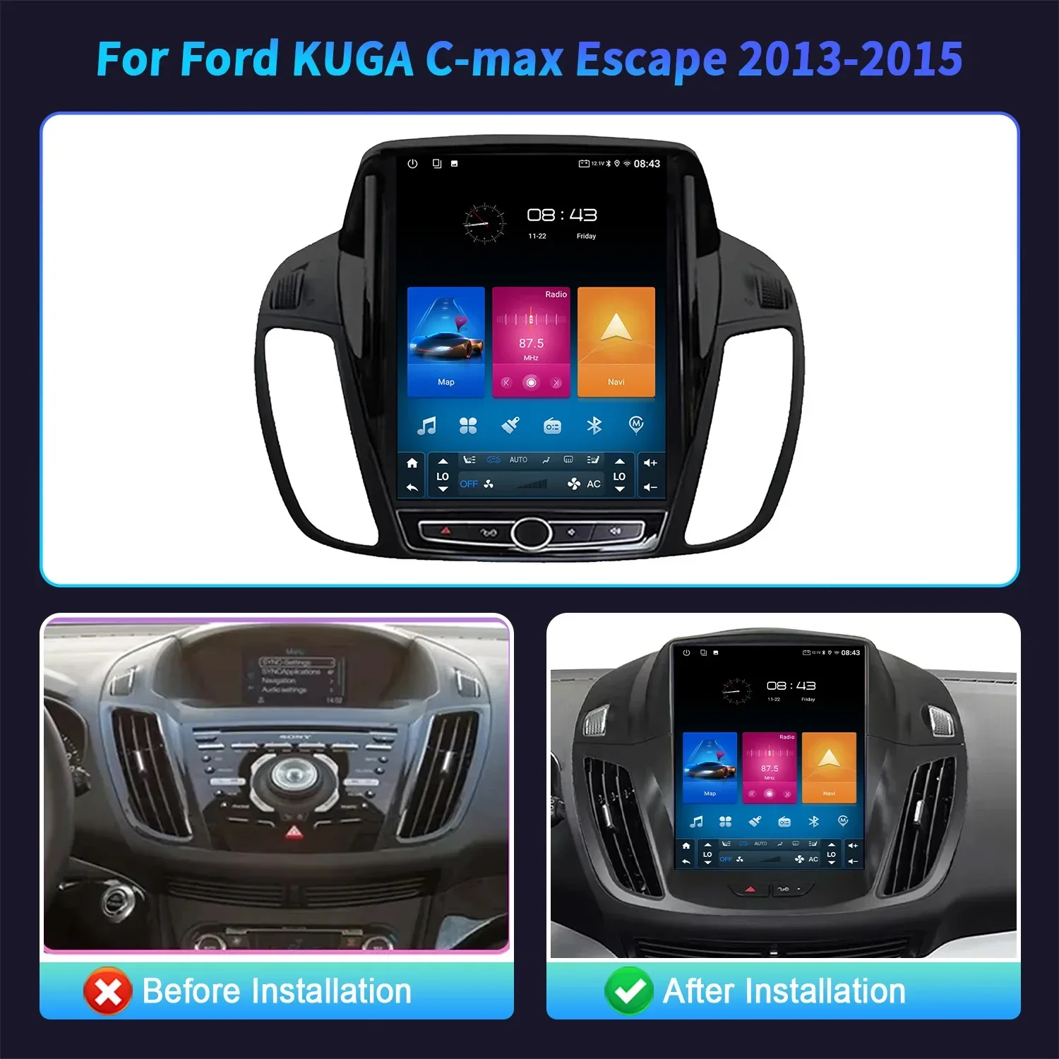 9.7inch Android 14 Multimedia For Ford KUGA C-max Escape 2013-2015 Autoradio  Radio QLED Player Navigazione Carplay Screen GPS