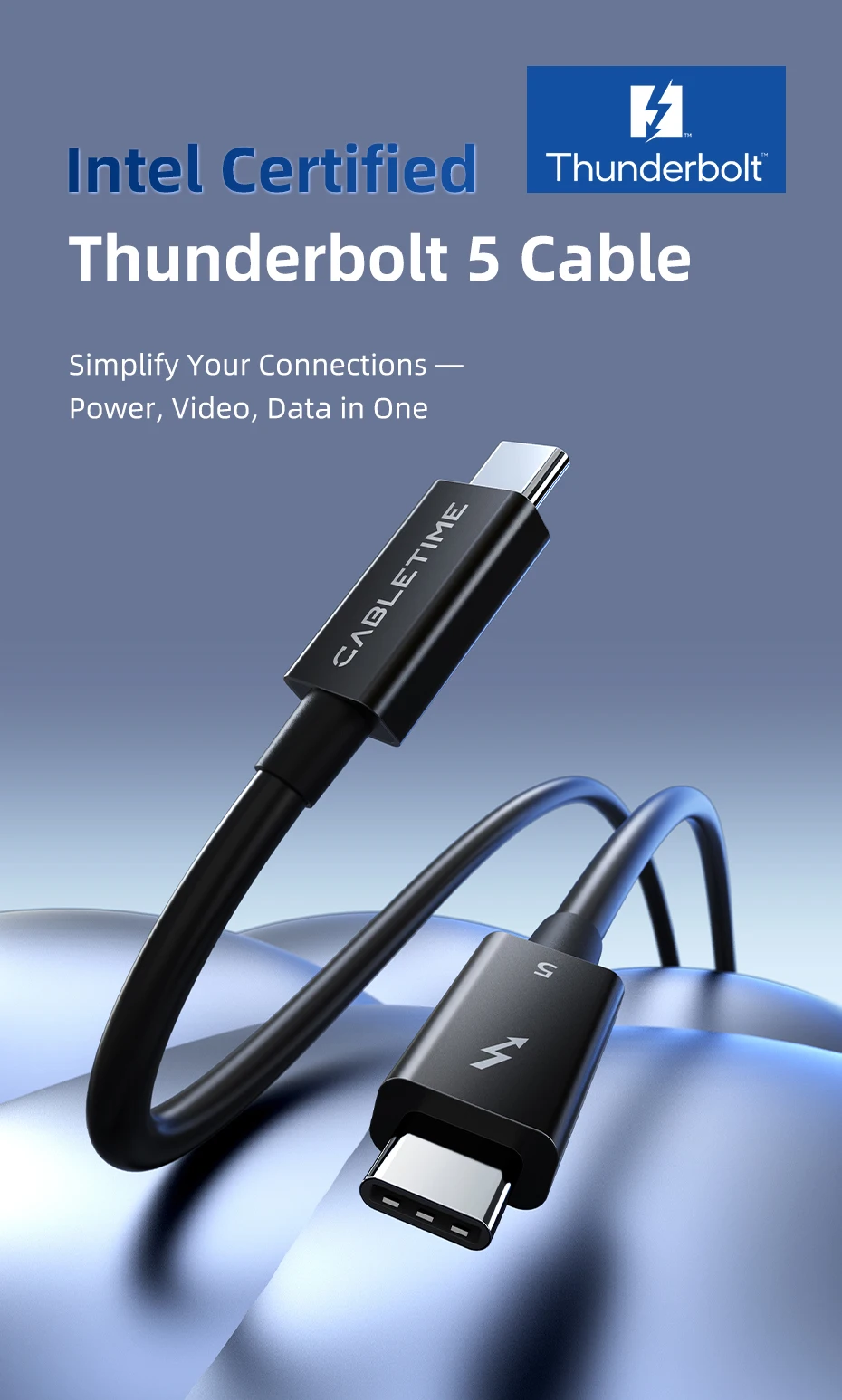 CABLETIME Thunderbolt 5-Kabel Intel-zertifiziertes 120 Gbit/s PD 240 W Datenkabel Schnellladung 8K60 Hz Typ-C-Kabel für Mac/PC iPad SSD – Detail 1