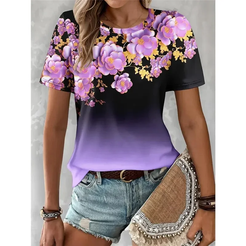 Sommer Damen T-Shirt T-Shirt Blumen Lässig Urlaub 3D-Druck Farbverlauf Kurzarm T-Shirts Mode Rundhalsausschnitt T-Shirts für Frauen